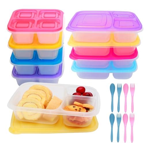 Nuxaoisgel Bento Box for Adult, Kids, 3 Compartment and 4 Compartment Lunch Containers, Lunch Box,BPA-Free Lunch Container for Travel,Work,Picnic,Set of 8, Blue, Yellow，Pink，Purple