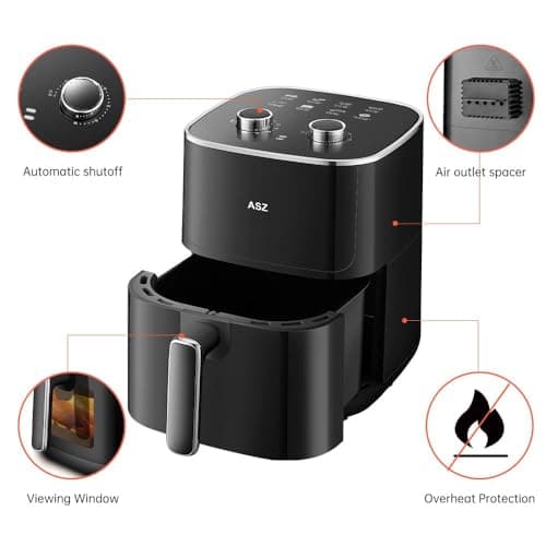 ASZ 5qt Air Fryer Compact Knob Black for dorm office - 4.7L Airfryer with Window 1400W Visual Basket - Non-Stick Pan, Manuel Control Max 60s Timer & 400℉ Kitchen Airfry Countertop Gift 5