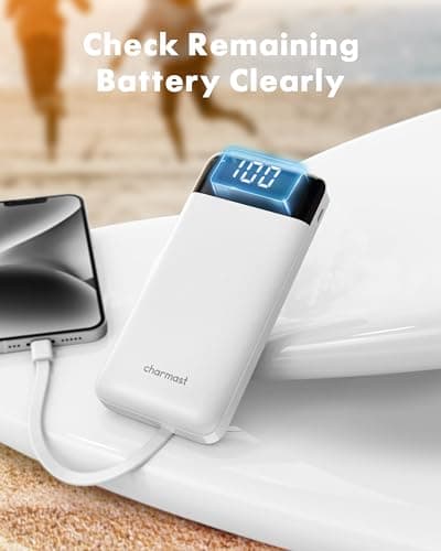 Charmast Portable Charger with Built in Cables, Power Bank with Cords Wires, Slim 10000mAh Travel Battery Pack 6 Outputs 3 Inputs 3A Fast Charging for Samsung Google Pixel LG Moto iPhone iPad 7