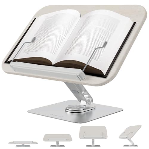 HARRYFIT Book Stand for Reading, 360° Rotate & Multi Heights Adjustable Book Holder,Foldable Cookbook Book Stands with Elastic Page Clips for Sheet Music, Recipe, Laptop, Textbook (Light Wood)