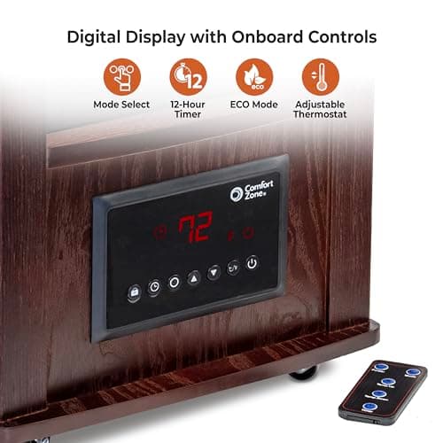 Comfort Zone Wood Cabinet Space Heater with Remote, 16 inch, Adjustable Thermostat, Digital Display, Overheat Protection, Electric, Infrared Quartz, Ideal for Home, Bedroom, & Office, 1,500W, CZ2032C 4