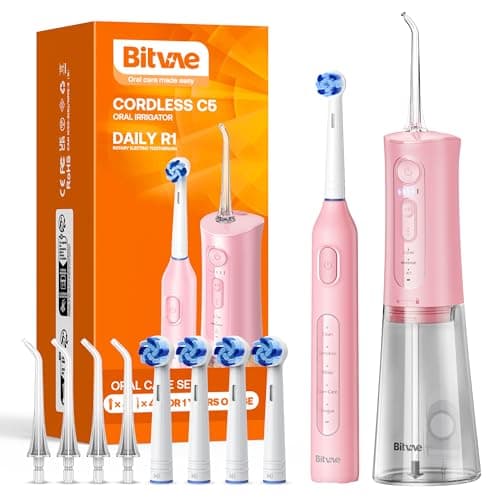Bitvae Water Dental Flosser Teeth Picks, Cordless Water Flosser for Teeth, Braces, Dental Care and Rechargeable Rotary Electric Toothbrush Combo Set, 4 Tips, 4 Brush Heads, Waterproof, Pink, C5+R1