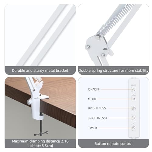 Upgrade Swing Arm LED Desk Lamp with Clamp, 80 LED Beads, 5 Color Modes & 11 Brightness Levels, 360° Adjustable Arm, Eye-Caring Light CRI95, Timer & Memory Function, for Office, Study, Crafting 5