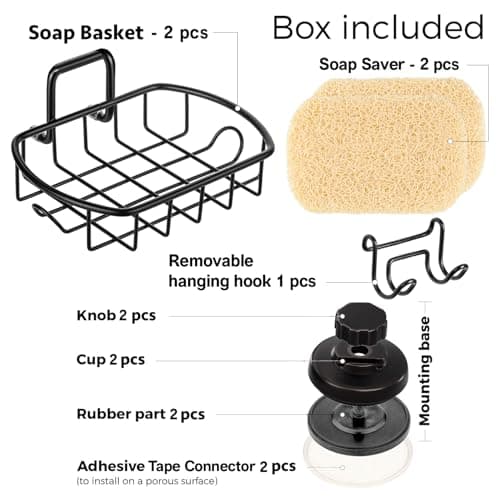HASKO 2 Pack Suction Cup Soap Dish for Shower Wall, Rustproof Stainless Steel, Shower Soap Holder with Hooks, Includes Optional No Drill Adhesive Mount for Bathroom, 2 Soap Savers, Black 8