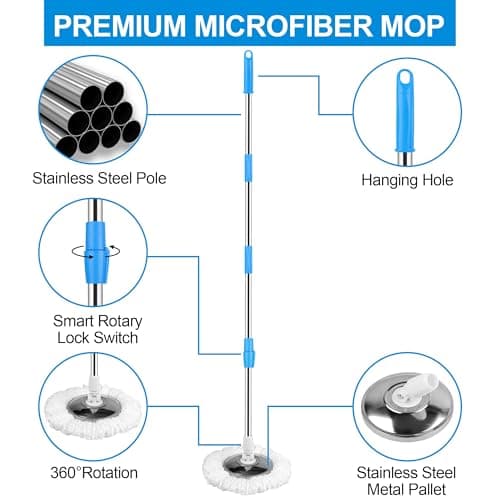 Spin Mop and Bucket with Wringer Set, 3 Washable Microfiber Pads Included for Floor Cleaning, Adjustable Stainless Steel Handle, Easy Moving with Wheels, Blue 7