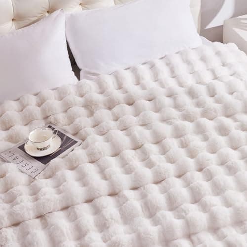 Anysay Heated Blanket King Size with 1/2/4/6/8 Hours Auto-Off 10 Heat Level, 90'' * 100'' Cozy Faux Rabbit Fur Bubble Electric Blanket with Overheat Protection(White) 5