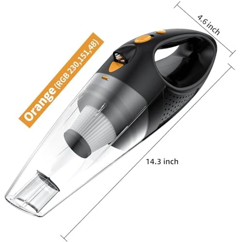 Powools Handheld Vacuum Cordless with 2 Filters, Car Vacuum Cleaner High Power with Fast Charge Tech, Portable Rechargeable Mini Vacuum with Large-Capacity Battery, Orange, 14.3"X4.6"X4.0" 8