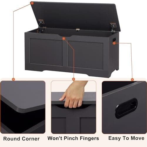 Timberer 39.4" Storage Chest, Wooden Storage Bench, Large Storage Trunk with 2 Safety Hinges, Entryway Shoes Bench for Living Room, Bedroom, Dark Gray 6