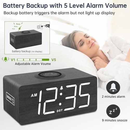 DreamSky Wooden Digital Alarm Clock with Wireless Charging for Bedroom, Bedside Nightstand Clock with Charger Station, USB Port, Large Numbers, Adjustable Volume, Brightness Dimmer, DST 7