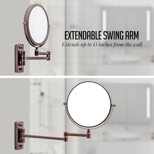 OVENTE 7" Wall Mounted Makeup Mirror with 1X/10X Magnification, Double Sided Magnifying Round Bathroom Vanity Mirror, 360° Swivel Design, Extendable and Folding Arm, Antique Bronze MNLFW70ABZ1X10X 9