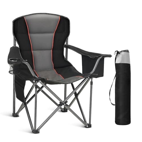 HIGH POINT SPORTS Oversized Portable Camping Folding Chair, Heavy Duty Foldable Outdoor Chair, Camp Chair with Cup Holder and Cooler Bag Support 450 LBS, Black…