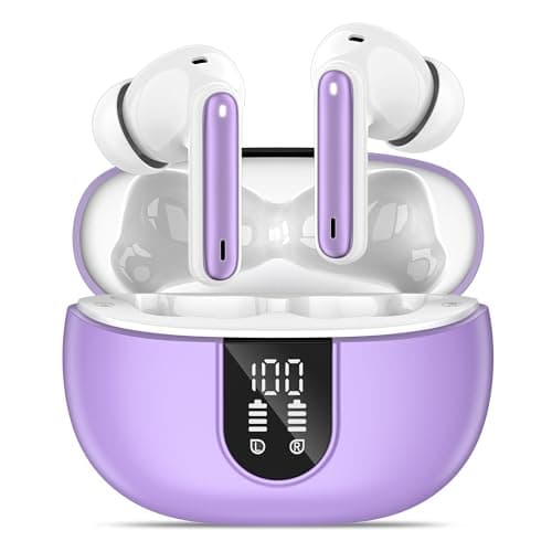 MoBadeety Wireless Earbuds, Bluetooth 5.3 Headphones 40Hrs Playtime Deep Bass Stereo, LED Power Display, Call Noise Canceling Headphones with Mic, IP7 Waterproof Earphones for iOS Android Purple