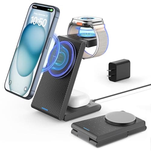 3 in 1 Wireless Charging Station, Foldable Magnetic Wireless Charger Stand for Multiple Devices, Wireless Charger for iPhone 16/15/14/13/12, Apple Watch 9/8/7/6/SE/5/4/3/2, AirPods 3/2/Pro
