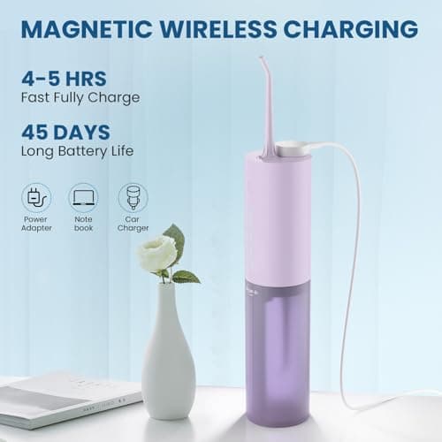 Cordless Water Flosser for Travel,Water Dental Flosser Pick for Teeth, IPX7 Waterproof Electric Water Dental Flosser, 3 Modes 4 Replaceable Jet Tips, Rechargeable Oral Irrigator (Purple) 6