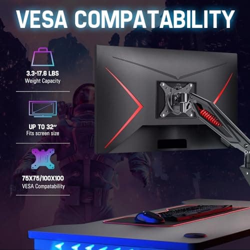 MOUNT PRO Single Gaming Monitor Stand - Mechanical Spring Display Mount, Adjustable Gaming Monitor Arm with C Clamp and Grommet Mounting Base - Fits for Computer Screen up to 32”, VESA 75x75, 100x100 6