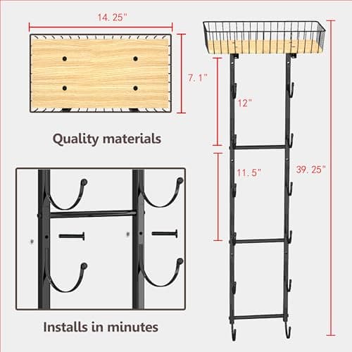 Simple Trending 7 Tier Towel Rack Organizer for Bathroom, Top Basket with Wood Shelf and Towel Organizer, Wall Mounted Towel Rack, Black 7