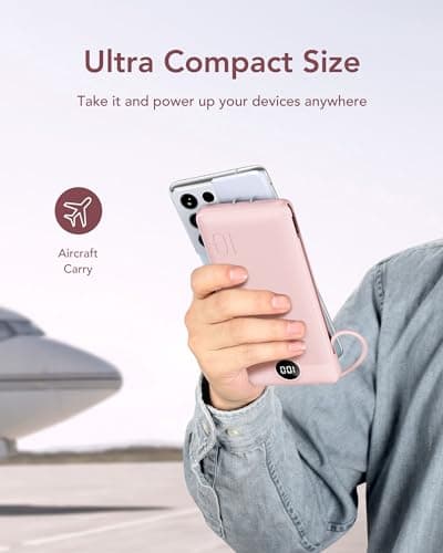 VEGER Portable Charger with Built-in AC Plug and Cables, All in One 10000mAh Ultra Slim Power Bank Travel Essentials, Fast Charging Battery Pack Compatible with iPhone, Samsung, Android (Crepe) 8