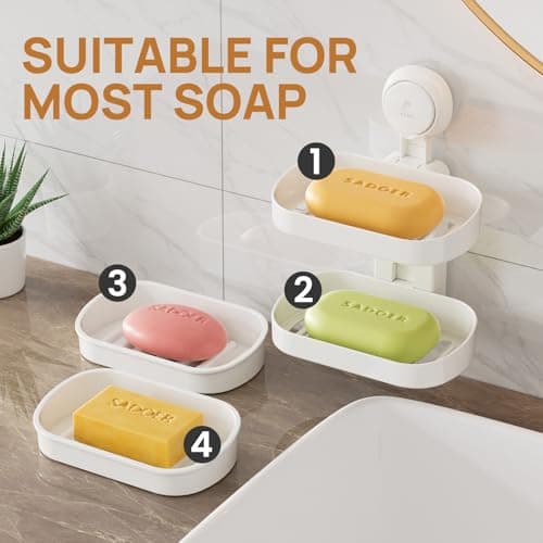 LEVERLOC Soap Dish Holder for Shower, Double Layer Suction Cup Wall Mounte Self Draining Removable Waterproof Strong Suction Bar Soap Holder for Shower, White 9