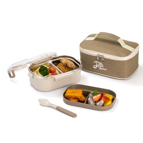 Lille Home Bento Lunch Box for Adult, 31oz Stainless Steel 2-Compartment Tiffin Lunch/Snack Box, Durable Bento/Food Container with Split Layer Lunch Bag and Utensils(Beige)