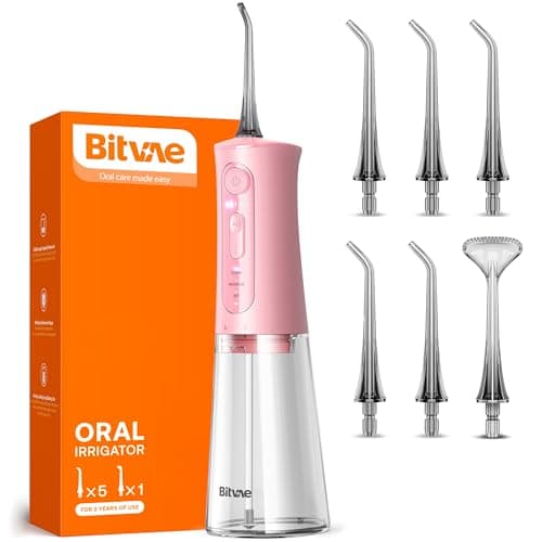 Bitvae Water Dental Flosser Teeth Picks, Cordless Portable Oral Irrigator, Powerful and Rechargeable Oral Irrigator, Brace Care, IPX7 Waterproof Water Dental Picks for Cleaning, Quartz Pink