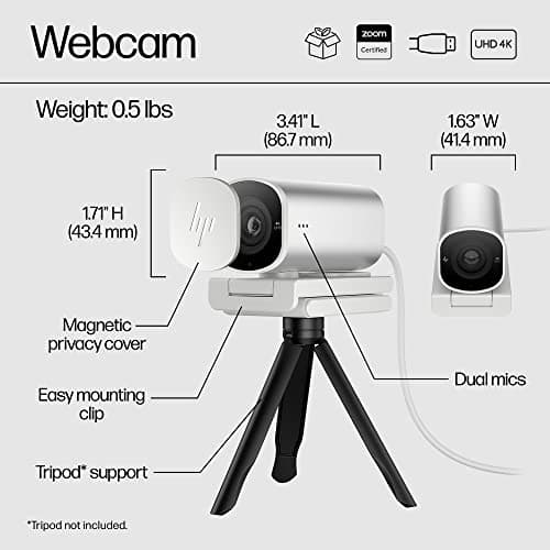 HP 960 4K Streaming Webcam - 4K 30 FPS/1080p 60 FPS Computer Camera & Dual Mics, Noise Reduction, & Privacy Cover - Zoom Certified - Swivel/Tilt Adjust - Color Correction, AF & Framing (695J6AA#ABL) 9
