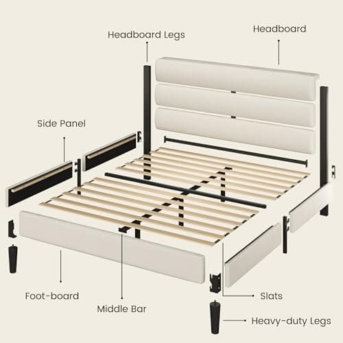 Fluest Queen Bed Frame, Platform Bed Frame with Velvet Upholstered Headboard, No Box Spring Needed, Sturdy Metal Support, Noise Free, Easy Assembly, Modern Bedroom Furniture, Beige 6