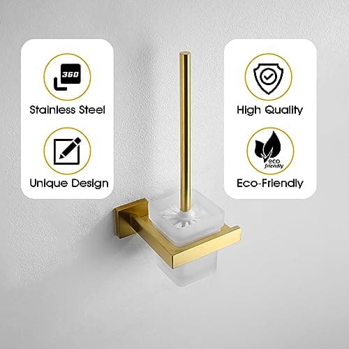 Brixline Upgraded Toilet Cleaner Bowl Brush and Holder Set Wall Mounted Modern Metal Glass Brushed Gold Scrubber Scrub Brushes Wand Household Supplies Essential Heavy Duty Best Home House Accessories 6