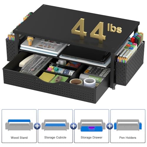 Spacrea Desk Organizer and Accessories, Computer Monitor Stand Riser with Drawer and 2 Pen Holders, Office Desk Accessories & Workspace Organizers for Office Supplies (Black) 6