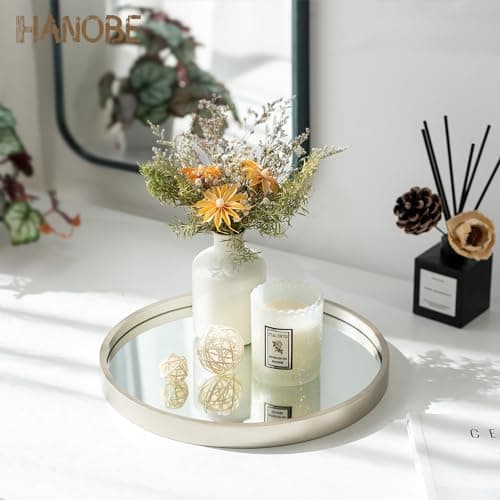 Hanobe Mirror Bathroom Vanity Tray: Champagne Gold Perfume Organizer Decorative Round Trays for Makeup Jewelry Dresser Holder for Women - Wood Table Counter Decor 12'’ 6