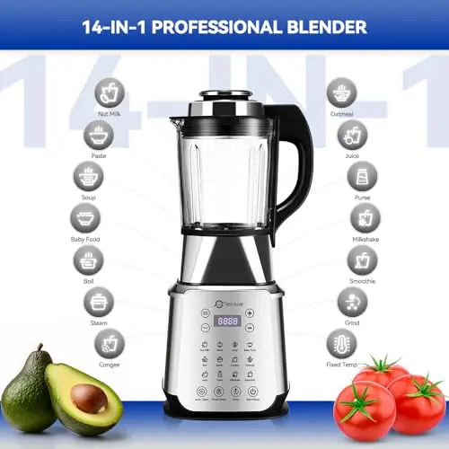 Glass Blenders for Kitchen 59oz, Stainless Steels Professional Blenders 1200W, Countertop Blender Glass Jar Food Processor Combo, 14 Preset Programs+9 Speeds, Soups, Nut Milk, Hot & Cold Blending 5