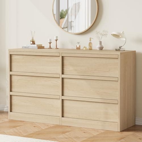 GarveeHome 6 Drawer Dresser for Bedroom, Modern Double Dresser Organizer with 6 Drawers Large Storage, Wooden Chest of Drawers for Living Room, Nursery, Hallway - Natural
