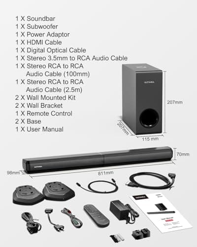 ULTIMEA 4.1ch Sound Bar for Smart TV with Subwoofer, Peak Power 200W, 2-in-1 Detachable Soundbar for TV, Bluetooth 5.3, Bass Adjustable, 3 EQ Modes TV Sound Bar, HDMI ARC/Optical/Aux, Apollo S50 7