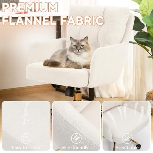 BALIAA Flannel Office Chair, Comfy Home Office Desk Chairs with Lumbar Support, Modern Velvet Desk Chair Gold Legs Small Swivel Task Chair for Home Office, Bedroom, Study (Beige, L) 6