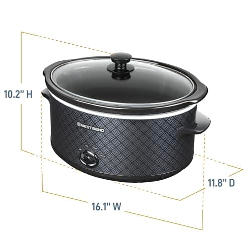 West Bend Slow Cooker 6-Quart Manual Crockery Style with Dishwasher Safe Oval Ceramic Crockpot and Glass Lid Two Temperature Settings Plus Keep Warm, 330-Watts, Black 6