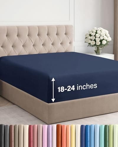 Extra Deep Queen Fitted Sheet - Hotel Luxury Single Fitted Sheet Only - Easily Fits 18 inch to 24 inch Mattress - Ultra Soft, Wrinkle & Fade Free w/Extra Deep Pockets - Breathable & Comfy - Navy Blue