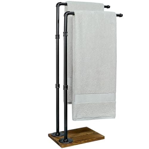 Hjarta 39 Inch Free Standing Towel Racks for Bathroom, Black Towel Holders with Wooden Base, 2-Tier Freestanding Towel Holder Stand for Bath Towel Sheet