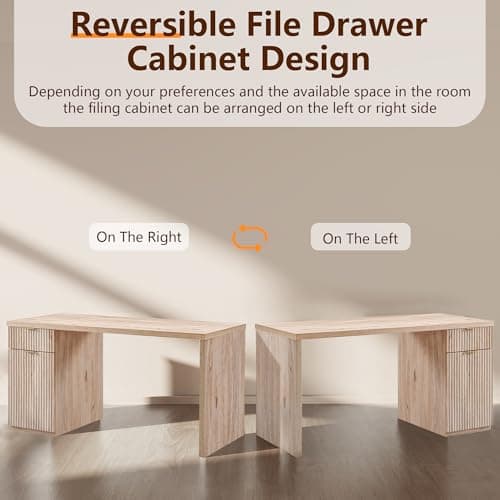 JXQTLINGMU 60" Modern Executive Desk with Storage, Wood Home Office Desk with Drawer & Cabinet, Fluted Computer Writing Desk for Study, Living Room, Bedroom, Oak 5