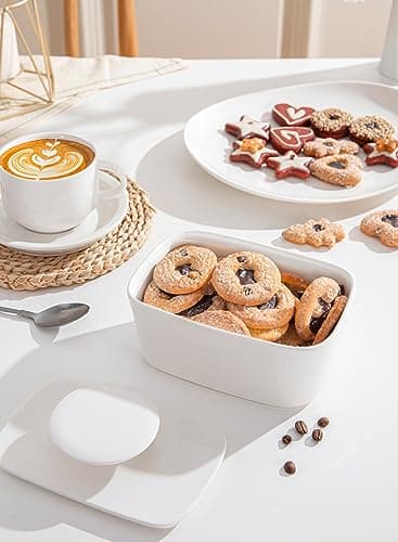 Sweese Extra Large Butter Dish with Lid, 6.2" Porcelain Butter Keeper Container - Perfect for East/West Coast Butter and Kerrygold Butter, Butter Crock with Lid, Gift - White 6