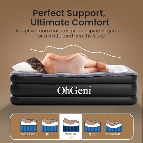 OhGeni 18" Luxury Air Mattress Queen with Built-in Pump, Silk Foam Topper Inflatable Bed for Superior Comfort, Premium Blow-Up Mattress for Home & Guest, Easy Setup, Extra Support, Black 6