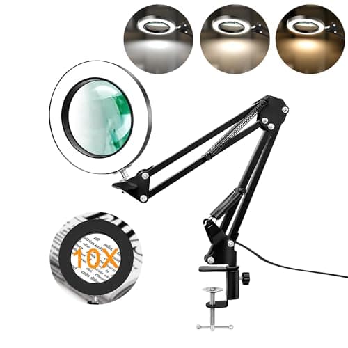 Hviww 10X Magnifying Glass with Light and Clamp, Real Glass LED Lighted Magnifier, 3 Color Modes 10 Level Dimmable, Magnifying Lamp with Clamp for Reading Craft Hobby Close Work, Black