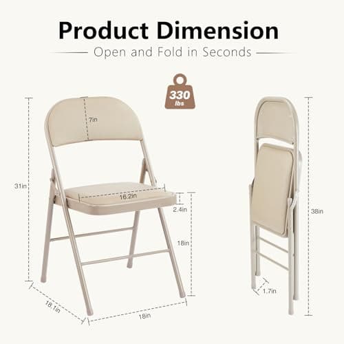 DUMOS 2 Pack Leather Padded Folding Chair, Indoor Outdoor Portable Stackable Commercial Seat with Steel Frame, Capacity for Home, Office, Party, Comfy, Kahki 6