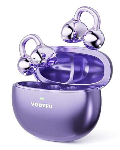 Vodyfu Clip on Earbuds Open Ear Earbuds Wireless Headphones with Mic,66H Play Bluetooth 5.4 Bone Conduction Headphones,Noise Cancelling,IPX5 Waterproof,Secure Fit for Small Ears,Purple