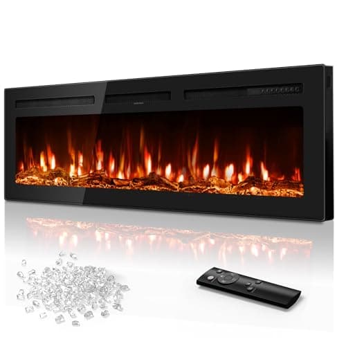 Tehanld 60 Inch Electric Fireplace in-Wall Recessed and Wall Mounted, Ultra-Thin Linear Fireplace Heater 750/1500W with Realistic Flame, Higher Temperatures & Lower Noise, Log Set & Crystal Options