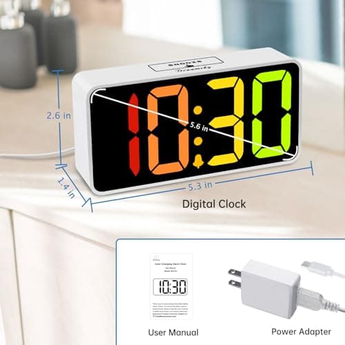 DreamSky Small Digital Alarm Clock for Bederoom, RGB Large Big Numbers Display with Dimmer for Living Room, Electric Bedside Desk Clock with USB Charging Port, Adjustable Volume, USB-C Adapter Powered 7