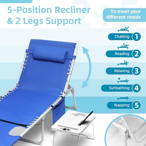 Yestomo 3-in-1 Sun Tanning Chair with Face Holes, Breathable Chaise Lounge Chair Outdoor, 5-Position Recliner, Lay Flat, Folding Side Table, Removable Pillow, Max 330lbs, Beach, Patio, Camping, Blue 5