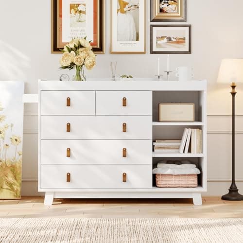 Baby Dresser with Changing Table Top, Baby Changing Table Dresser with 5 Drawers and Adjustable Shelves, Multi-Functional Diaper Changing Station, Nursery Organizer for Kids Bedroom, White 7