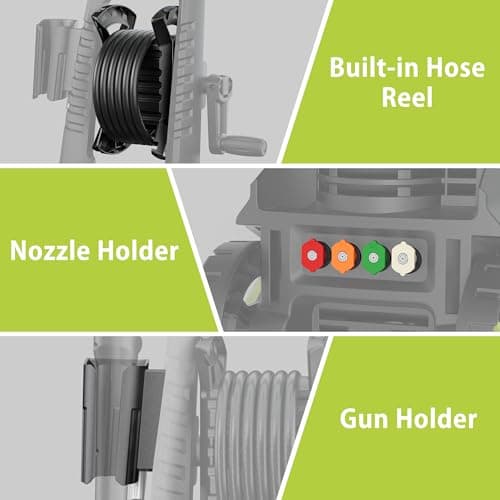 YERYORK Pressure Washer, Adjustable PSI 2.5 Max GPM, Power Washer with 33 FT Hose Reel, Steel Wand, 500ml Foam Cannon, 4-Nozzle Set, Electric Pressure Washer for Cars, Fences, Patios 8