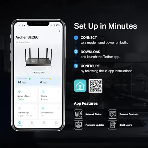 TP-Link Dual-Band BE5000 WiFi 7 Router Archer BE260 | 5-Stream 5Gbps | 1×2.5G WAN+1×2.5GLAN+3×1G Ports, USB 3.0 | 5 External Antennas | VPN Clients & Server | Easy-Mesh, HomeShield, MLO, Private IOT 7