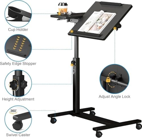 Panta Height Adjustable Rolling Laptop Stand, Overbed Table with 2 Tilting Desktops, Mobile Laptop Table for Couch with Cup Holder, Mobile Computer Workstation for Office, Home and Hospital 5