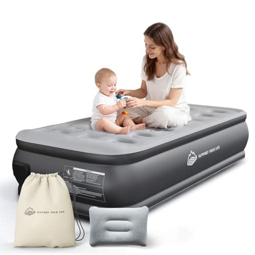 JUITOY Twin Air Mattress with Built in Pump Newly Upgraded one-Touch air Mattress with pillowNo Peculiar Smell for Camping,Home,Guests & Portable Travel,18"/440lbs Max Blow Up Bed Gray